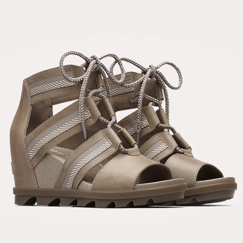 Sorel Joanie II Lace Up Open Toe Comfort Wedge Sandal Taupe Tan Womens‎ Size 11